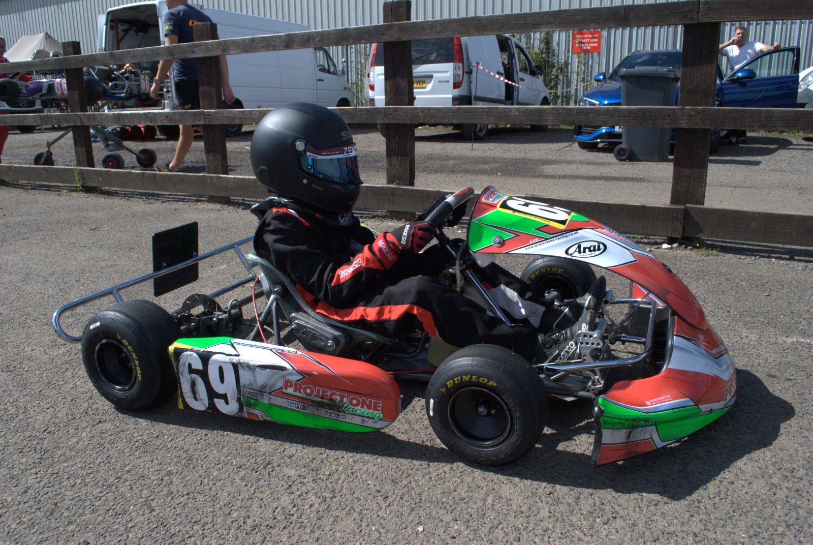 Zak in his number 69 Project One Racing cadet kart at Bayford Meadows in 2023